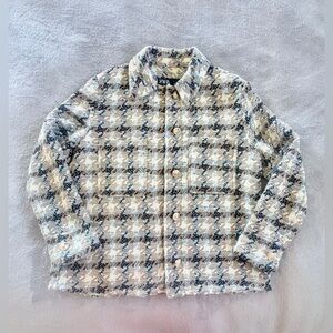 Zara Women Collared Check Gold Button Beige Blue Long Sleeve Cardigan Jacket S